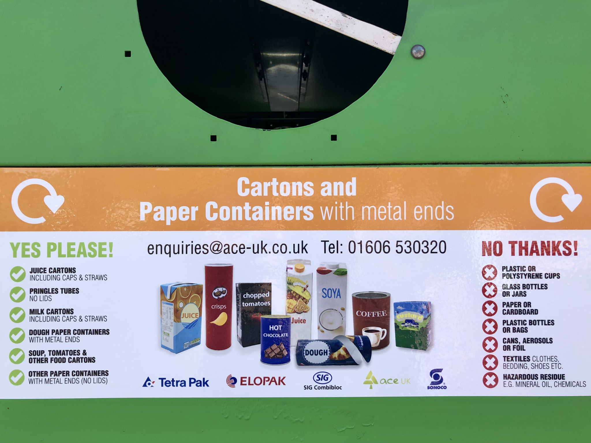 Image of the sticker on the Tetrapak bin showing what types of items can be recycled there