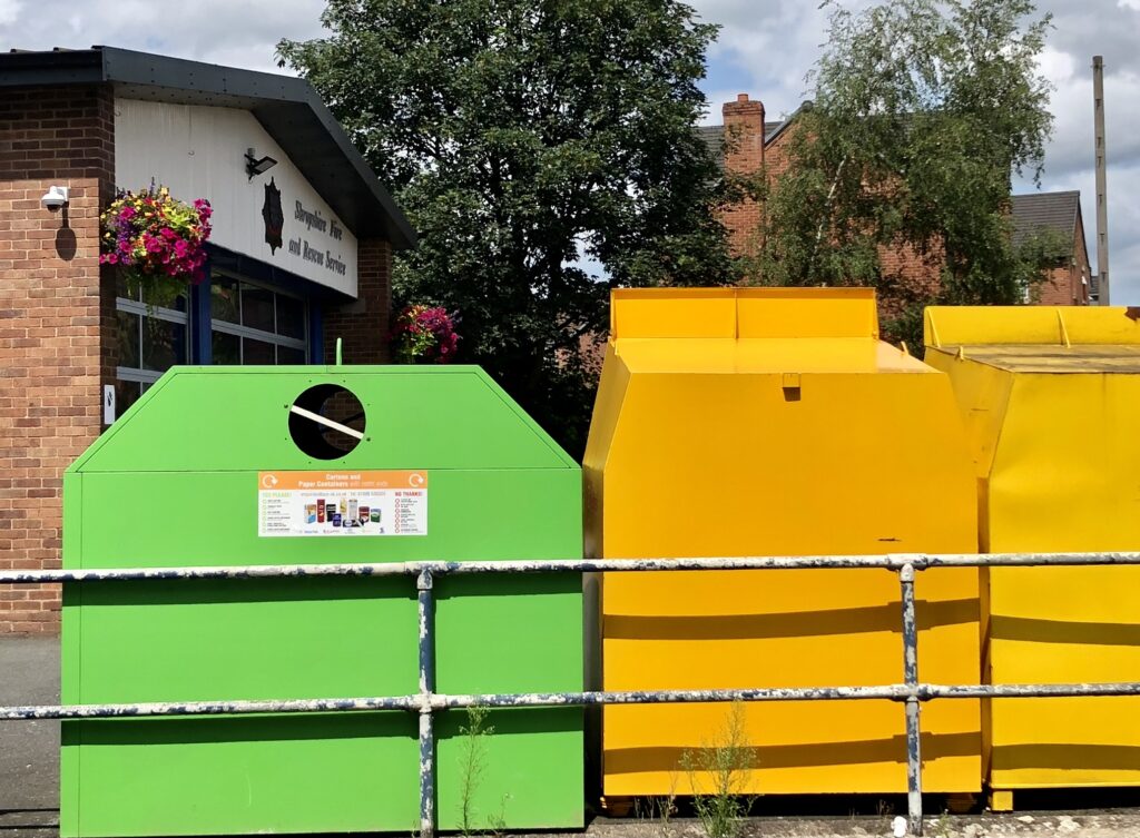 Image of the New Green Tetrapak bin installed on the forecourt of Newport Fire Station on Salters Lane Newport